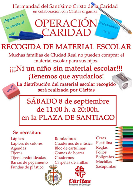 OPERACIÓN CARIDAD: Recogida de material escolar. Sábado 8 de septiembre de 2018, de 11 a 20 horas en la Plaza de Santiago.