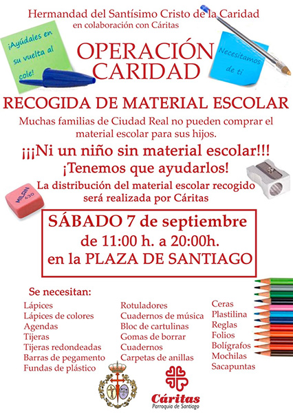 OPERACIÓN CARIDAD - Recogida de Material Escolar. Sábado 7 de septiembre de11 a 20 horas en la Plaza de Santiago